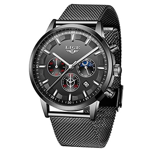 LIGE orologi uomo moda impermeabile sportivo sottile design quarzo analogico orologio con acciaio inossidabile nero mesh band orologio da polso. 