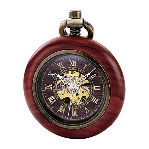 TREEWETO orologio da tasca meccanico automatico in legno vintage per uomo e donna con quadrante scheletrato steampunk con catena + confezione regalo