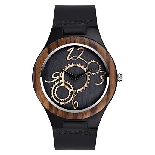SUPBRO orologio da uomo in legno ingranaggio con cinturino in pelle orologio analogico al quarzo orologio naturale men watches