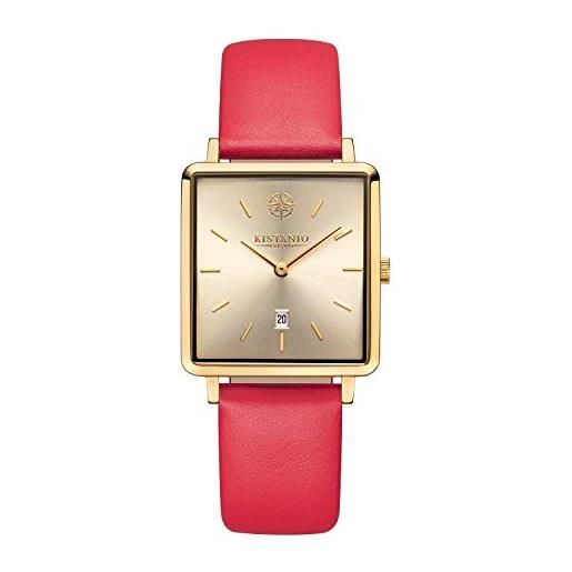 Kistanio carré go-gos-l-rtn - orologio da donna con cinturino in pelle, data in acciaio inox placcato oro e vetro zaffiro