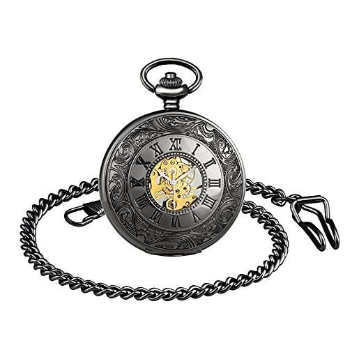 SUPBRO orologio da tasca meccanico con catena e ciondolo in scala con numeri romani vintage