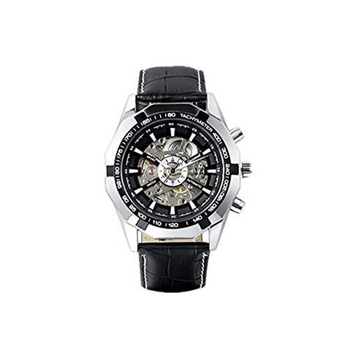 JewelryWe orologio da polso da uomo meccanico cinturino in acciaio inossidabile e cuoio, quadrante trasparente