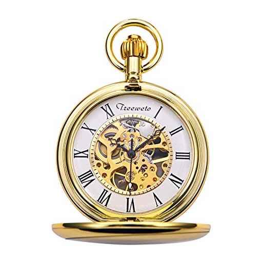 TREEWETO orologio da tasca con cassa liscia color oro, quadrante scheletrato, movimento meccanico con catena + confezione regalo