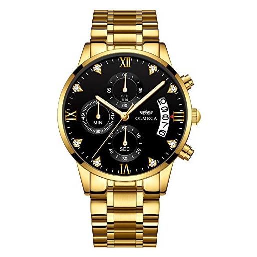 DREAMING Q&P orologi da uomo di lusso moda casual vestito cronografo impermeabile militare al quarzo orologi da polso per uomo cinturino in acciaio inossidabile oro nero, nero-2, 4 cm, orologio