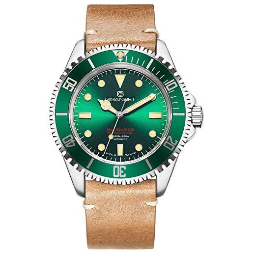 Gigandet uomo sea ground 300 orologio automatico - made in germany - vetro zaffiro - swiss super luminova - bracciale in pelle - 300m/30bar - verde - g300v-009