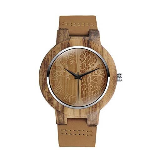 MicLee - orologio da polso da uomo, da donna, in legno di bambù, motivo albero della vita, con cinturino in pelle, orologio al quarzo in legno naturale