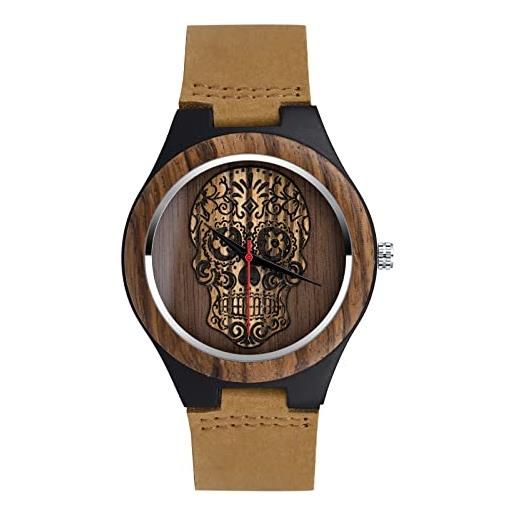 SUPBRO orologio da uomo in legno cranio marrone con cinturino in pelle orologio analogico al quarzo orologi da polso leggero fatto