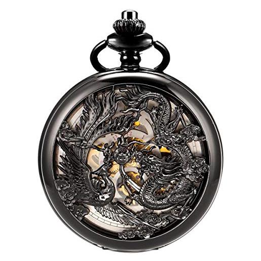 ManChDa orologio da tasca meccanico antico fortunato dragon & phoenix (migliori auguri) quadrante scheletro con catena per uomini e donne + cofanetto, 4. Nero, secondi d'oro