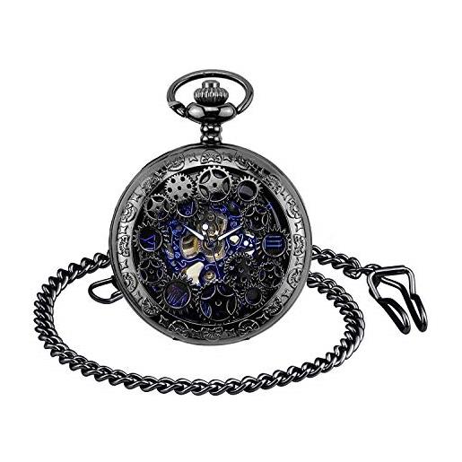 MICGIGI - orologio da tasca unisex con catena, analogico, a carica manuale, stile retrò, cavo, nero
