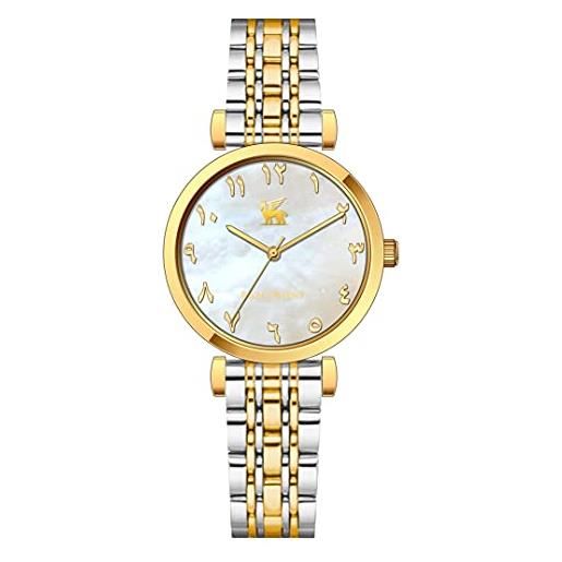 R&M ORIENT orologio da donna con numeri arabi in acciaio inox, analogico, al quarzo, con vetro zaffiro, orologio da polso da donna, alla moda, impermeabile, con calendario arabo, data