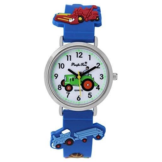 Pacific Time orologio da polso da ragazzo con trattore trecker fattoria, glow in the dark analogico al quarzo con cinturino in silicone, blu 86833