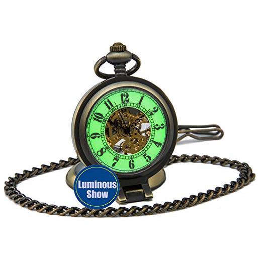 SEWOR gentleman style meccanico scheletro luminoso intagliato a mano vento orologio da tasca (alzati bronzo)