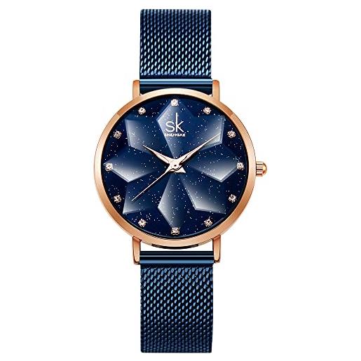 SHENGKE orologio stellato orologio analogico classico quarzo da donna con cinturino in acciaio inox(starry-mesh band-blue)
