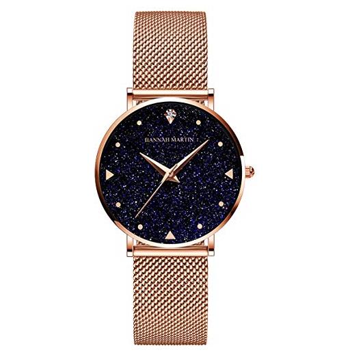 HANNAH MARTIN orologio da polso donna ultra sottile quarzo acciaio inossidabile (quadrante nero，cinturino oro rosa)