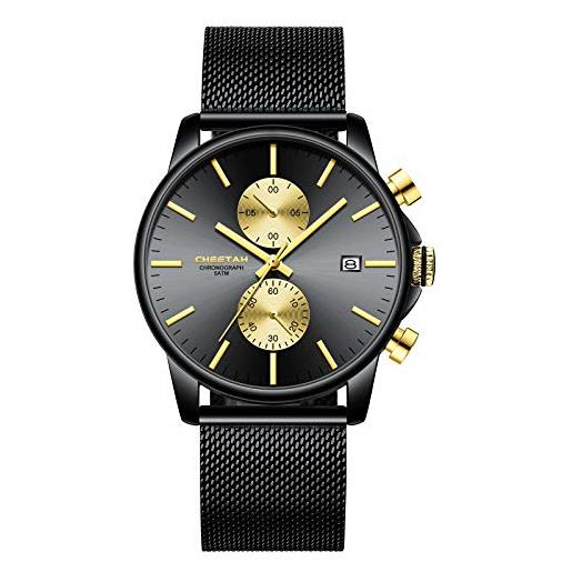 Affute orologi da uomo moda sport al quarzo analogico nero maglia acciaio inossidabile impermeabile cronografo orologio da polso automatico data - nero oro