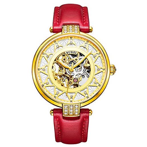 BUREI orologio da polso al automatico, donna, movimento scheletro, disco combinatore d'oro, cinghia rosso pelle (rosso)