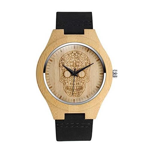 MicLee - orologio da polso da uomo, da donna, in legno di bambù, con motivo a teschio, cinturino in pelle, orologio al quarzo in legno naturale, orologio decorativo casual