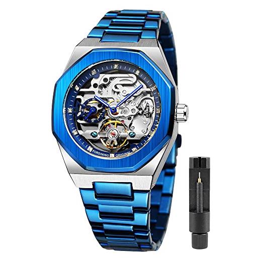 Tiong orologio da polso meccanico automatico in acciaio inossidabile blu moda di lusso tourbillon scheletro orologi da uomo
