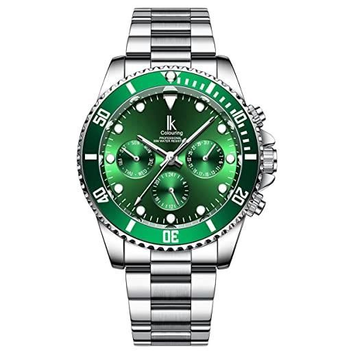 Alienwork orologio automatico uomo donna argento bracciale in acciaio calendario data verde multi-funzione fondo in vetro