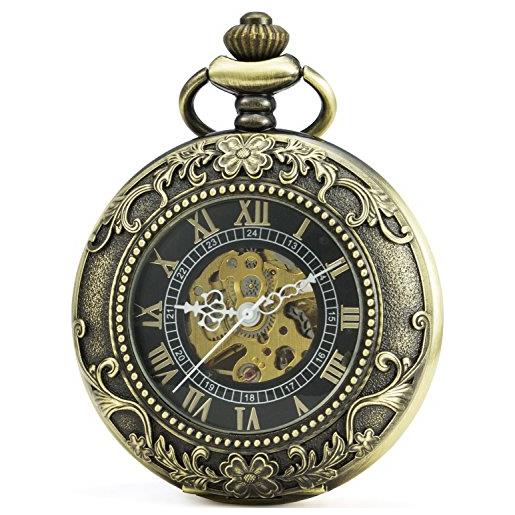 SEWOR vintage lente d' ingrandimento scheletro orologio da tasca meccanico mano vento orologio da tasca include marca del box (bronzo)
