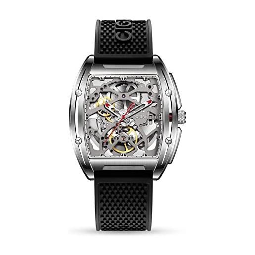 CIGA Design orologio automatico uomo - z series orologio da polso meccanico con design scheletro, tonneau, vetro zaffiro con cinturino in pelle e silicone(nero)