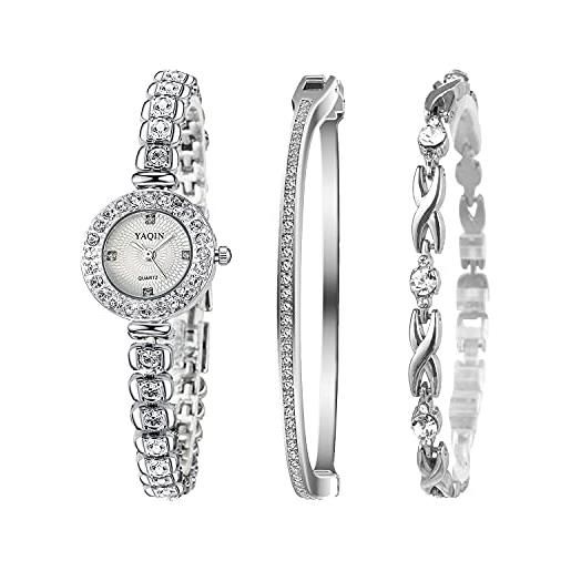 Clastyle set orologio bracciale da donna argento strass orologi da donne piccolo con 2 braccialetti elegante orologio da donna, bianco