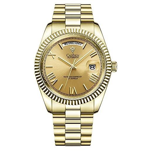 Cadisen - orologio automatico da uomo con riserva di carica, vetro zaffiro, impermeabile, cinturino in acciaio inox, gold, 40mm