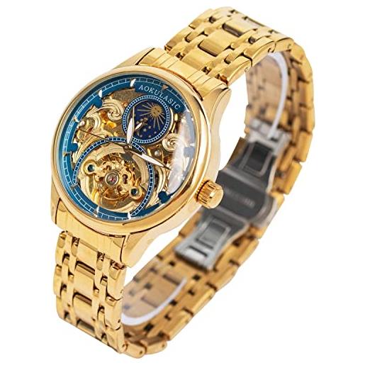 AOKULASIC orologio meccanico automatico in lega di acciaio inossidabile da uomo, alla moda, casual, alla moda, blu, bracciale