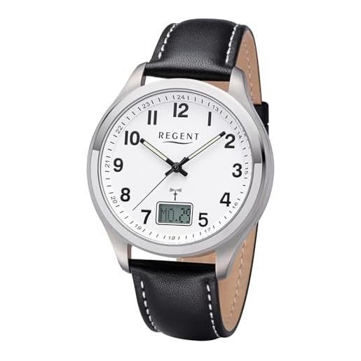 REGENT orologio radiocontrollato da uomo in titanio analogico digitale con cinturino in pelle e numeri arabi, bianco/nero, cinghia