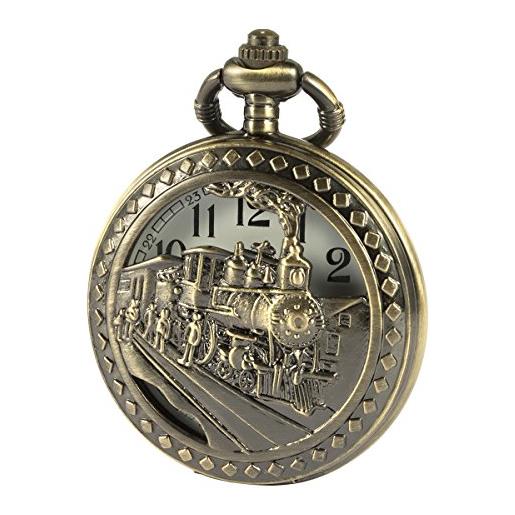 SIBOSUN oggetto d'antiquariato uomini orologio da tasca con catena caso di bronzo 3d locomotiva vapore treno della ferrovia cava + box