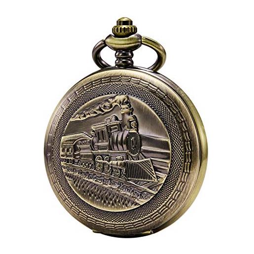 Treeweto - orologio da taschino con catena da uomo, analogico, carica manuale, locomotiva a vapore, in legno con venature, doppia cerniera, bronzo