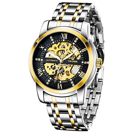 Tiong orologio da uomo orologio da polso meccanico automatico scheletrato in acciaio nero dorato per uomo (t9005b)