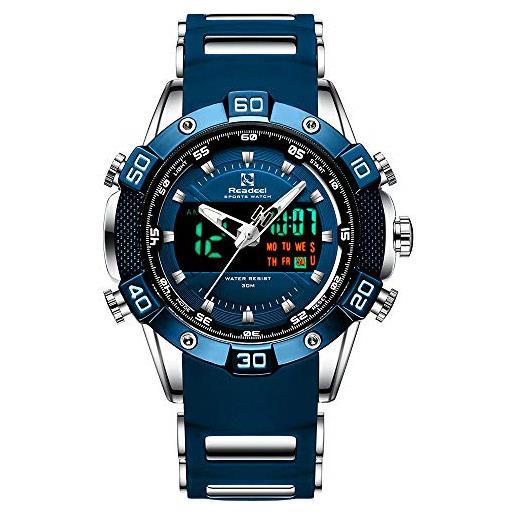 Tonnier youwen orologio da uomo sportivo cronografo orologio impermeabile militare multifunzionale con cinturino in gomma, blu, bracciale