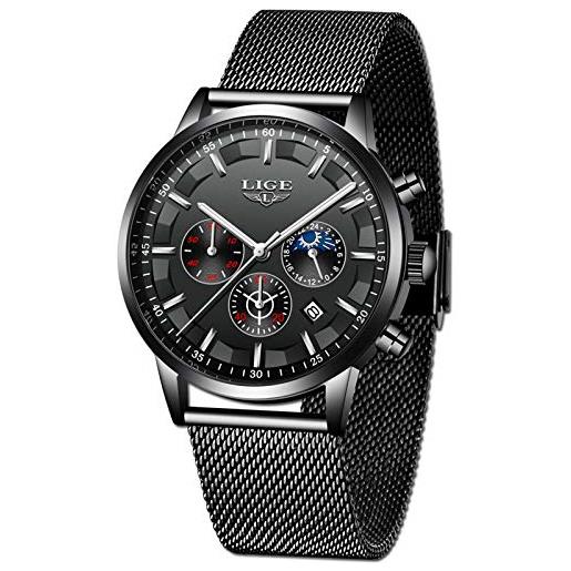 LIGE orologio uomo moda nero acciaio inossidabile analogico quarzo orologio uomo impermeabile sportivo cronografo cintura a rete orologio