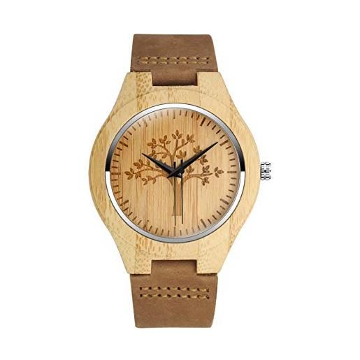 MicLee - orologio da polso da uomo, da donna, in legno di bambù, motivo albero della vita, con cinturino in pelle, orologio al quarzo in legno naturale