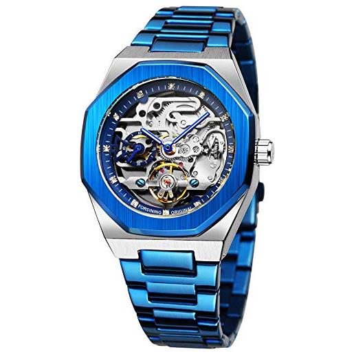 Tiong orologio meccanico da uomo, in acciaio inox, impermeabile, da uomo, colore: blu