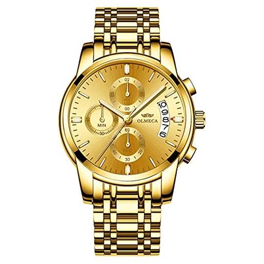 DREAMING Q&P orologi da polso da uomo in acciaio inox cronografo mumultifunzionali cristallo orologio da polso per uomo con data calendario, oro, bracciale