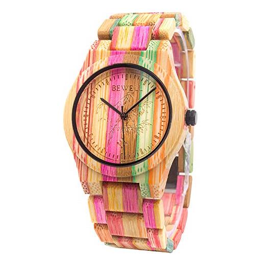 BEWELL orologio in legno uomo analogico al quarzo con cinturino in bambu tondo casual (multicolore 2)