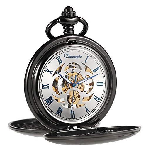 TREEWETO orologio da tasca unisex, con catena, analogico, a carica manuale, con doppia cerniera, cifre stile romano, nero e blu