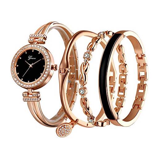 Clastyle set orologio e bracciale donna oro rosa scintillante orologio polso cristallo donna con 3 braccialetto strass acciaio regalo orologio