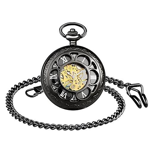 SUPBRO orologio da taschino per uomo con quadrante bronzo e catena meccanico petalo hollow