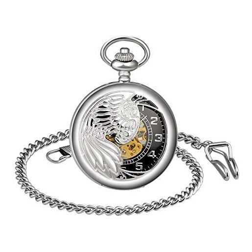 MICGIGI orologio da taschino meccanico unisex con ali di aquila a carica manuale, stile retrò, orologio da taschino con catena (argento)