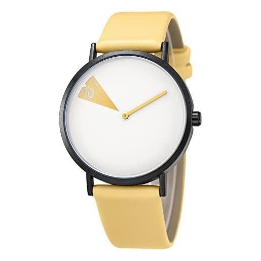 SHENGKE orologio minimalista da donna, cinturino in pelle ultra sottile, alla moda, creativo, impermeabile, giallo e bianco, cinghia