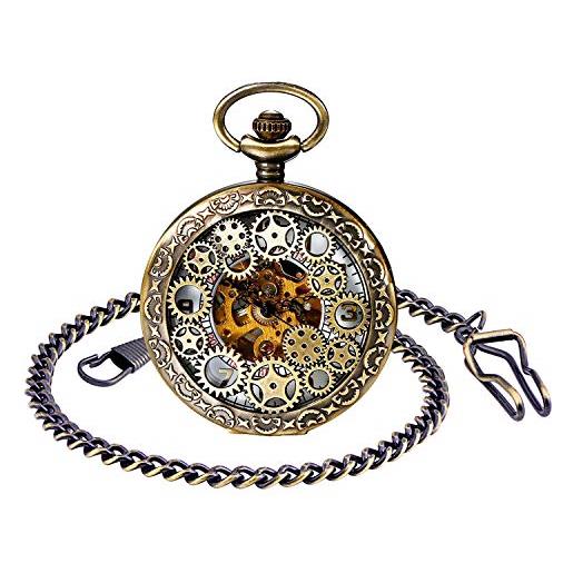 MICGIGI - orologio da tasca unisex con catena, analogico, a carica manuale, stile retrò, cavo, bronzo