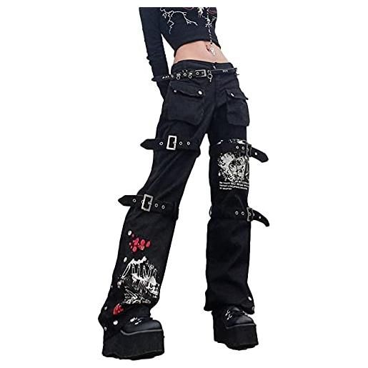 Madger jeans da donna a vita alta y2k pantaloni larghi in denim a gamba larga con stampa grafica pantaloni cargo larghi gotico scuro punk streetwear, w-nero, m