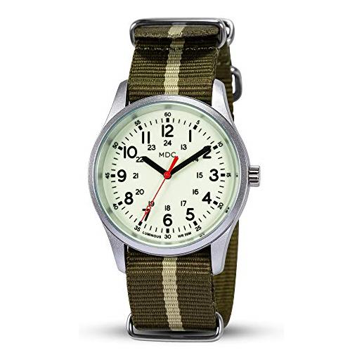 Infantry mdc - orologio da polso luminoso da uomo, impermeabile, 5 atm, da uomo, per sport all'aria aperta, con fascia natale, argento/verde, cinghia
