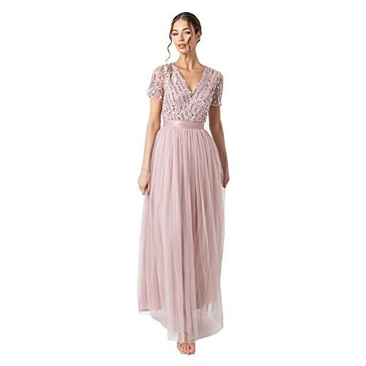 Maya Deluxe maxi dress for women ladies bridesmaid v-neck ball gown short sleeves long elegant empire waist wedding vestito per damigella d'onore, rosa satinato, 44 donna