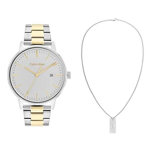 Calvin Klein orologio analogico al quarzo con quadrante bianco argentato e collana in acciaio inossidabile spazzolato da uomo