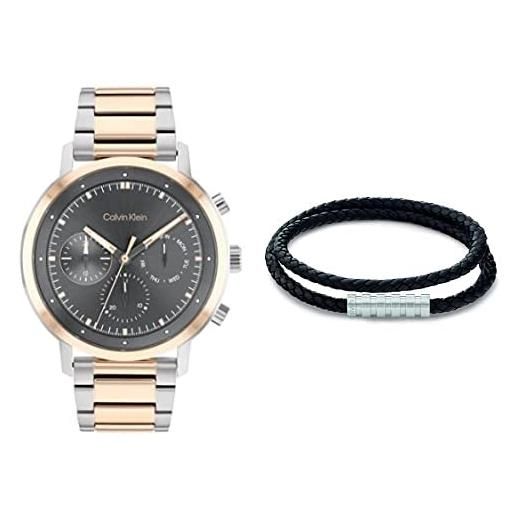 Calvin Klein orologio analogico al quarzo multifunzione con quadrante grigio e braccialetto in cuoio nero da uomo