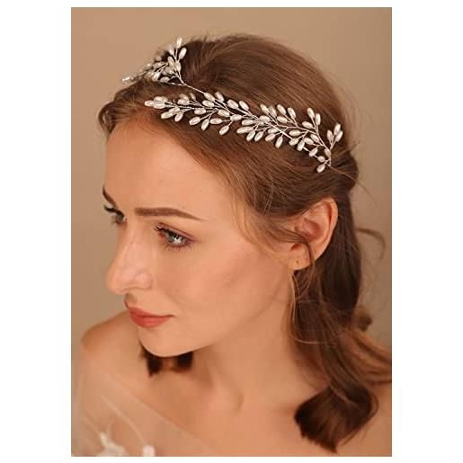 Deniferymakeup fascia per capelli da sposa con perle e vite, accessorio per capelli da sposa, accessorio per capelli per donne e ragazze (argento)
